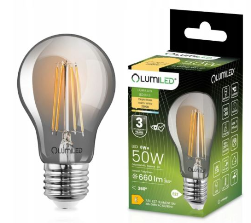 LUMILED Żarówka LED E27 A60 6W 2200K Filament Smokey