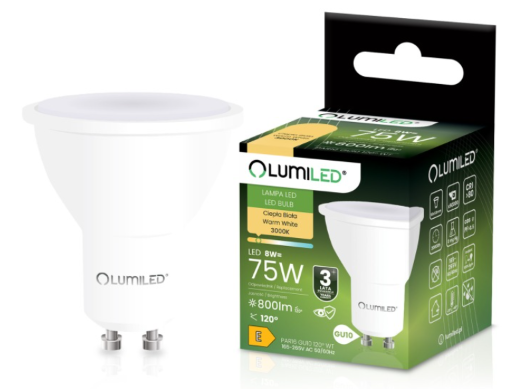 LUMILED Żarówka LED GU10 8W 800lm 3000K Ciepła 120°