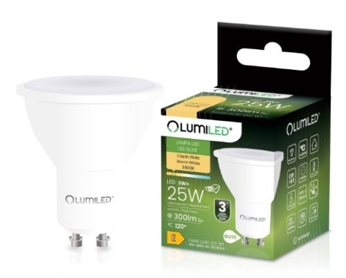 LUMILED Żarówka LED GU10 3W 300lm 3000K Ciepła 120°